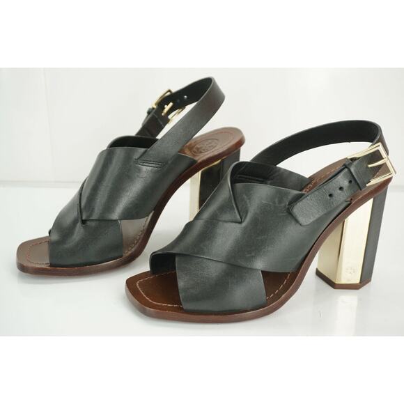 Tory Burch Black Leather Bleeker Wide Strappy Sandals Size 6.5 Hex Heel NIB - Picture 3 of 9